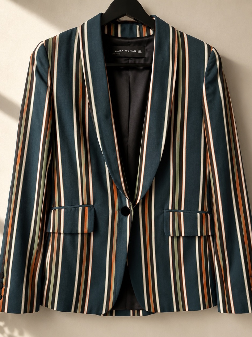 Zara Teal and Multi-Stripe Shawl-Collar Blazer